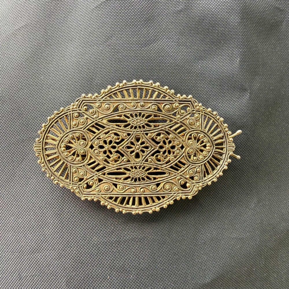 Vintage Gold Filigree Hair Barrette Floral Victorian Style French Clip Accessory